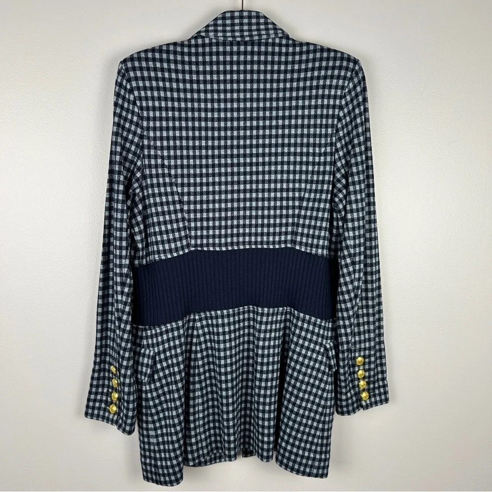 Cabi Checkup Gingham Longline Gold Button Blazer Jacket Medium Navy - Picture 14 of 14
